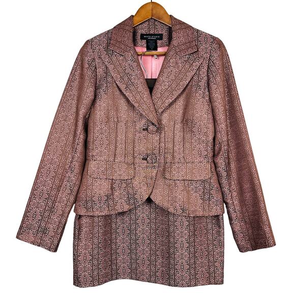 Beata Studio LA Skirt Suit Set Pink Micro Floral Print Blazer Jacket - 8 - Picture 1 of 9